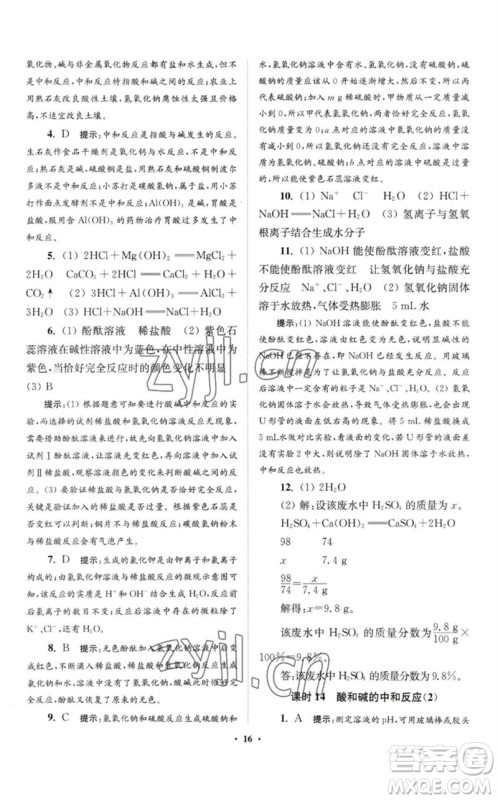 江苏凤凰科学技术出版社2023初中化学小题狂做九年级下册人教版提优版参考答案