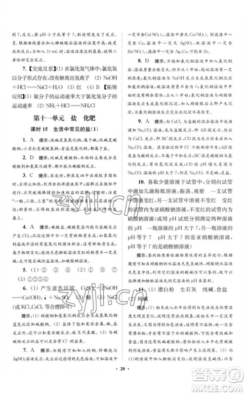 江苏凤凰科学技术出版社2023初中化学小题狂做九年级下册人教版提优版参考答案