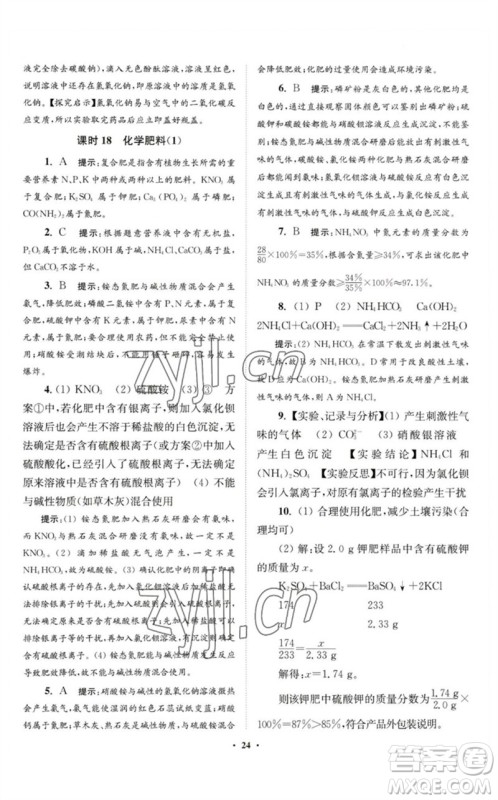 江苏凤凰科学技术出版社2023初中化学小题狂做九年级下册人教版提优版参考答案