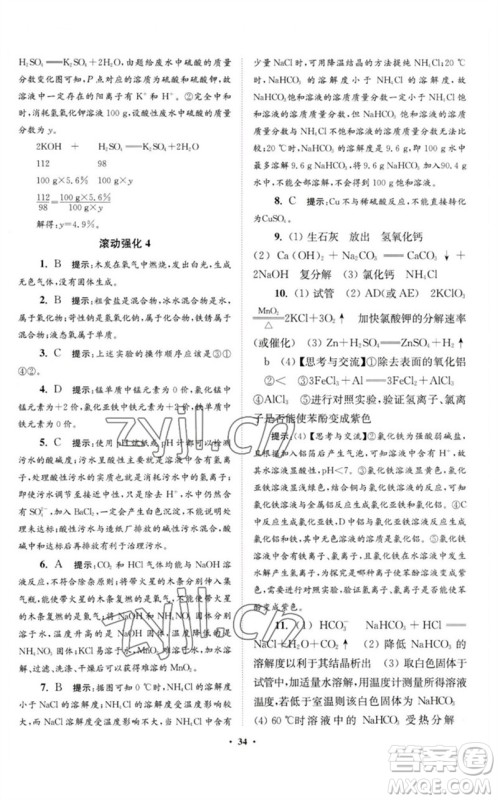 江苏凤凰科学技术出版社2023初中化学小题狂做九年级下册人教版提优版参考答案