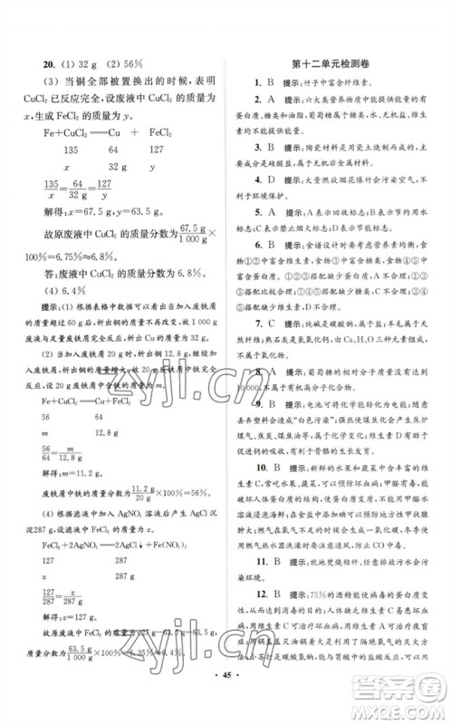 江苏凤凰科学技术出版社2023初中化学小题狂做九年级下册人教版提优版参考答案