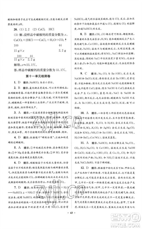 江苏凤凰科学技术出版社2023初中化学小题狂做九年级下册人教版提优版参考答案