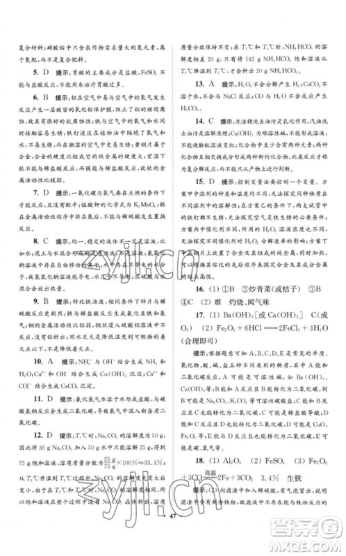江苏凤凰科学技术出版社2023初中化学小题狂做九年级下册人教版提优版参考答案