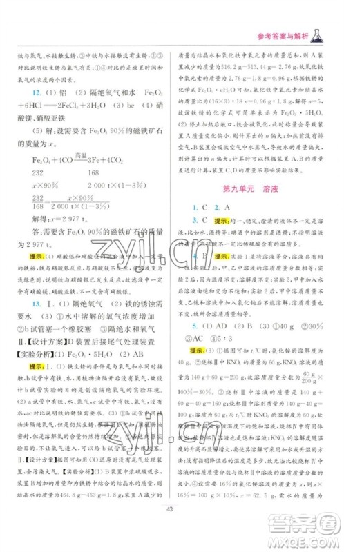江苏凤凰科学技术出版社2023初中化学小题狂做九年级下册人教版提优版参考答案