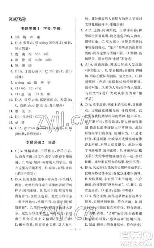 江苏凤凰科学技术出版社2023中考语文小题狂做九年级人教版提优版参考答案