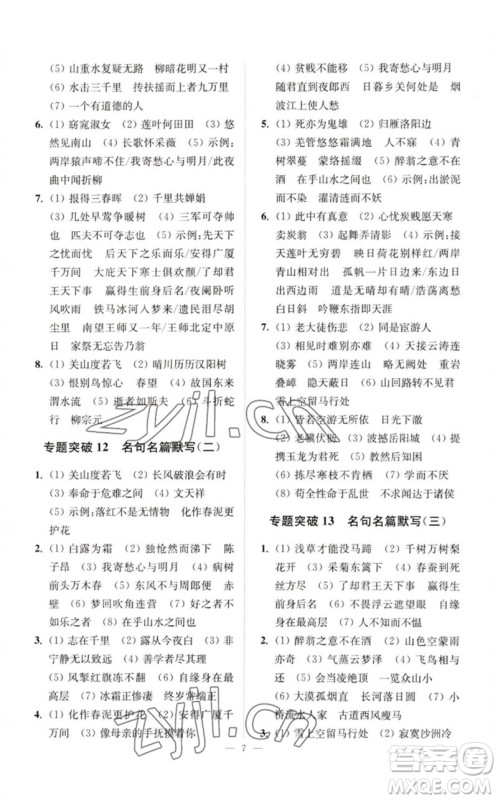 江苏凤凰科学技术出版社2023中考语文小题狂做九年级人教版提优版参考答案