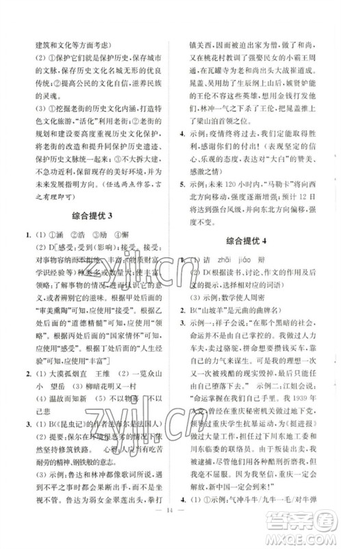 江苏凤凰科学技术出版社2023中考语文小题狂做九年级人教版提优版参考答案