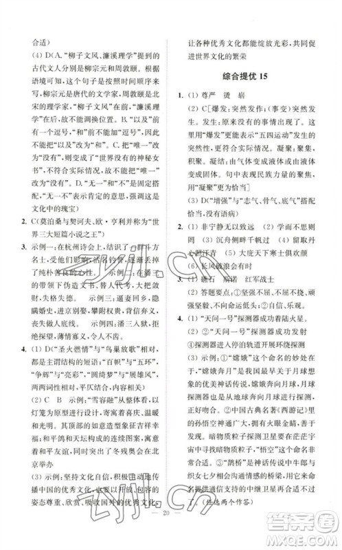 江苏凤凰科学技术出版社2023中考语文小题狂做九年级人教版提优版参考答案
