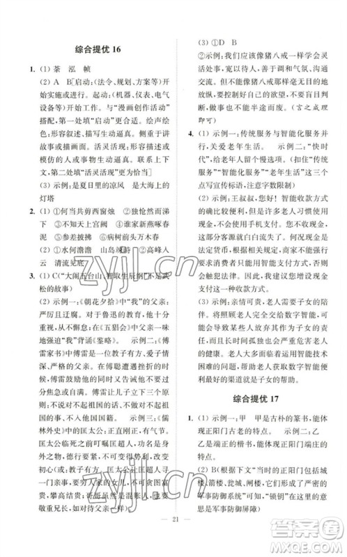 江苏凤凰科学技术出版社2023中考语文小题狂做九年级人教版提优版参考答案