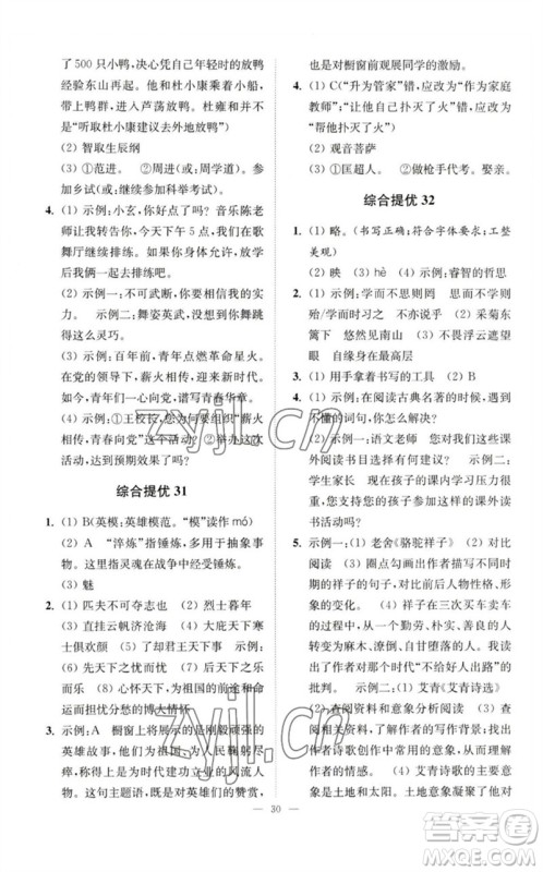 江苏凤凰科学技术出版社2023中考语文小题狂做九年级人教版提优版参考答案