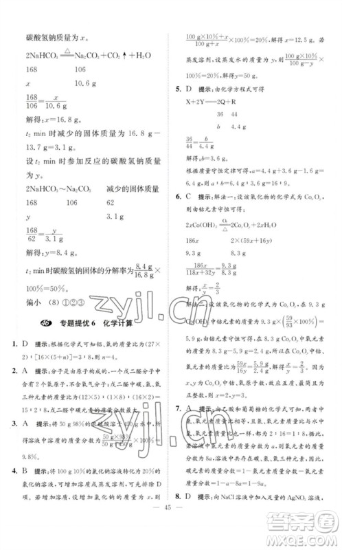 江苏凤凰科学技术出版社2023中考化学小题狂做九年级人教版提优版参考答案