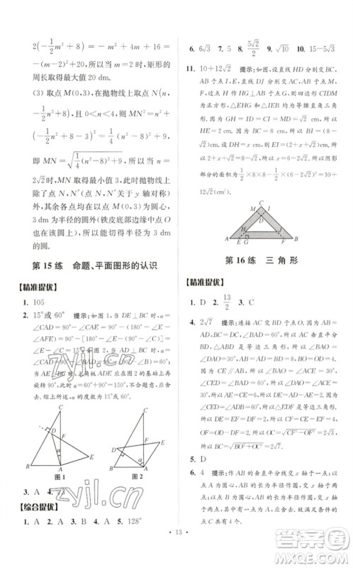 江苏凤凰科学技术出版社2023中考数学小题狂做九年级人教版提优版参考答案