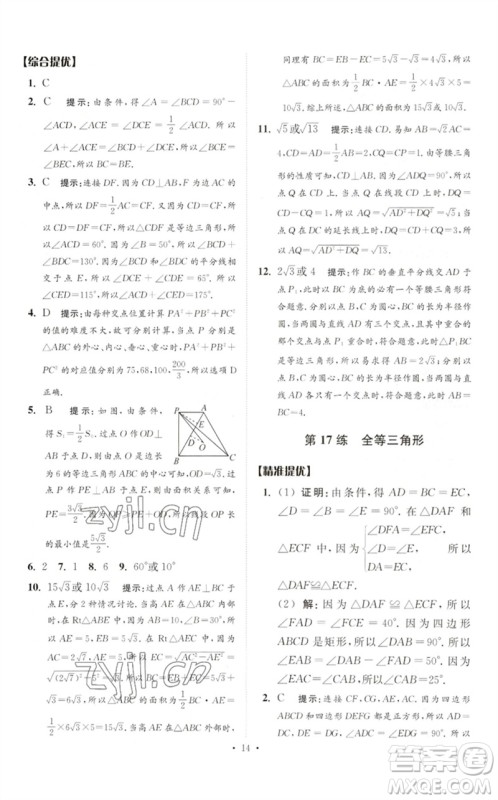 江苏凤凰科学技术出版社2023中考数学小题狂做九年级人教版提优版参考答案
