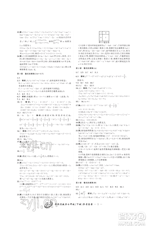 云南科技出版社2023周周清检测七年级下册数学浙教版参考答案