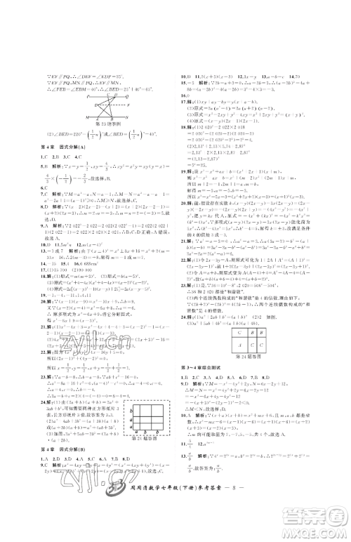 云南科技出版社2023周周清检测七年级下册数学浙教版参考答案