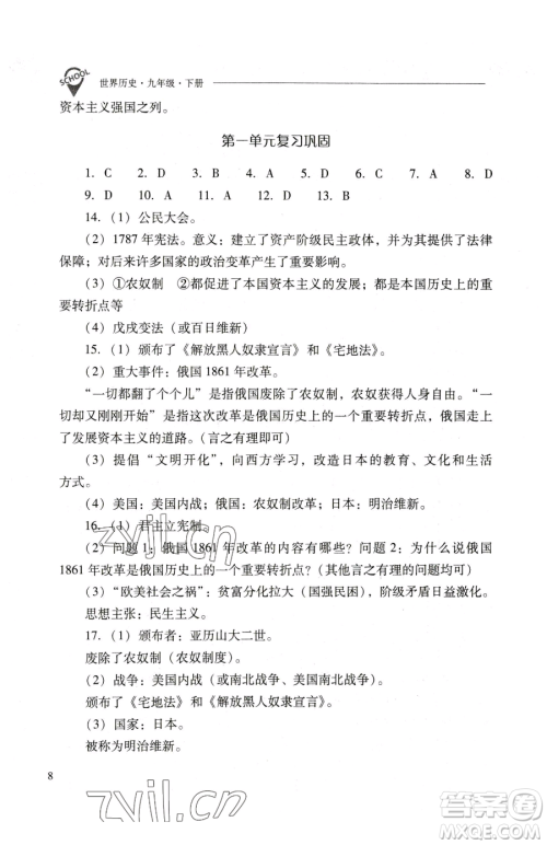 山西教育出版社2023新课程问题解决导学方案九年级下册世界历史人教版参考答案