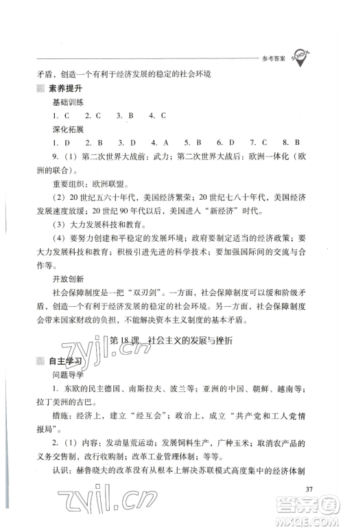 山西教育出版社2023新课程问题解决导学方案九年级下册世界历史人教版参考答案