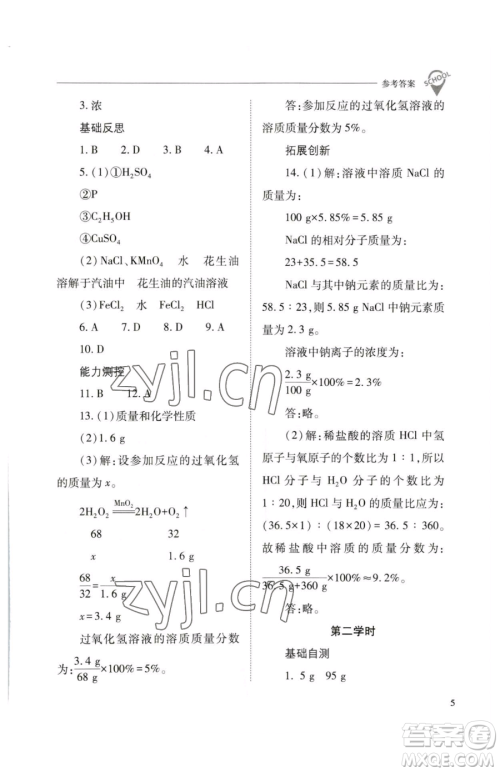 山西教育出版社2023新课程问题解决导学方案九年级下册化学沪教版参考答案