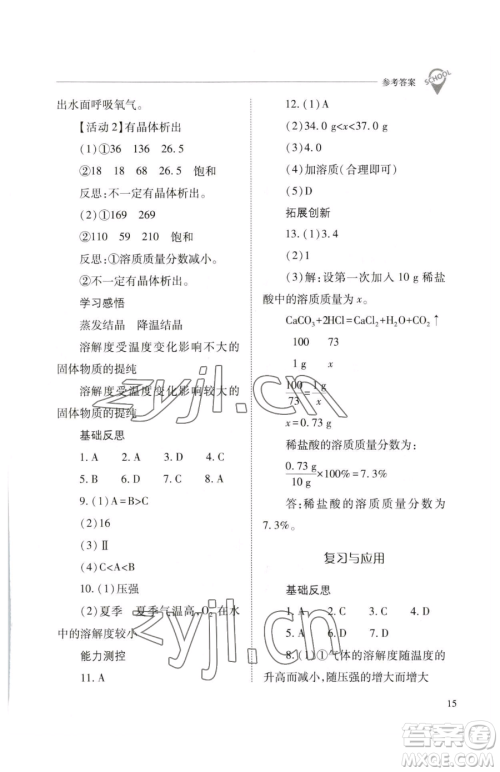 山西教育出版社2023新课程问题解决导学方案九年级下册化学沪教版参考答案