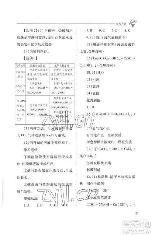 山西教育出版社2023新课程问题解决导学方案九年级下册化学沪教版参考答案