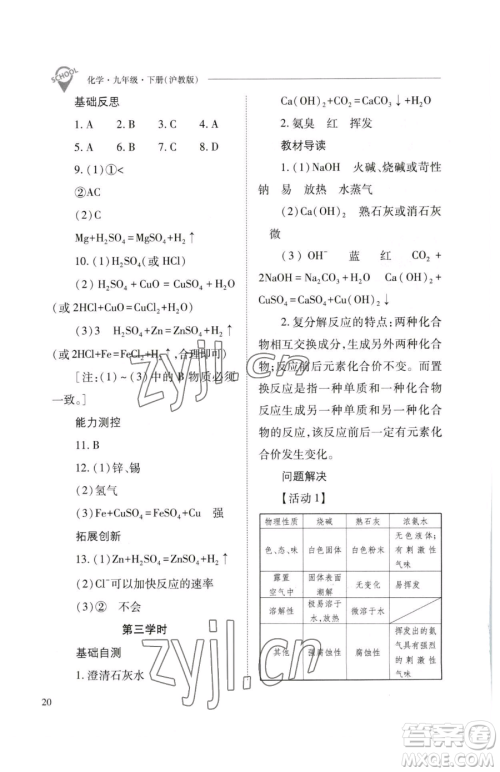 山西教育出版社2023新课程问题解决导学方案九年级下册化学沪教版参考答案 山西教育出版社2023新课程问题解决导学方案九年级下册化学沪教版参考答案