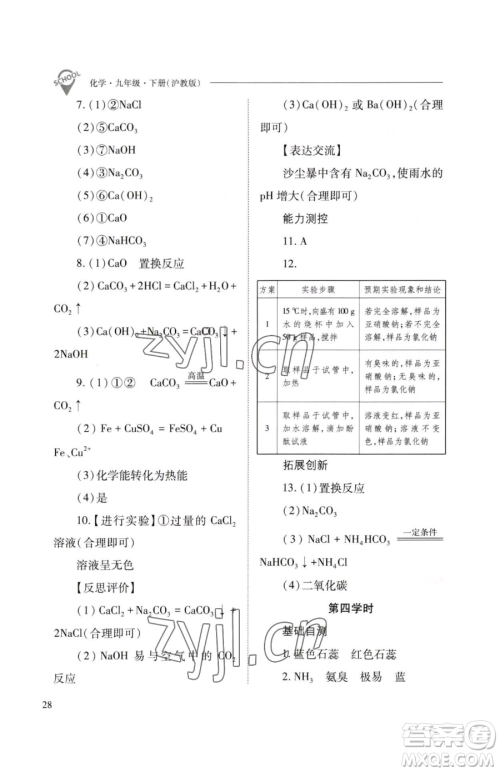 山西教育出版社2023新课程问题解决导学方案九年级下册化学沪教版参考答案 山西教育出版社2023新课程问题解决导学方案九年级下册化学沪教版参考答案
