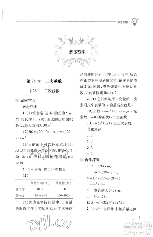 山西教育出版社2023新课程问题解决导学方案九年级下册数学华东师大版参考答案