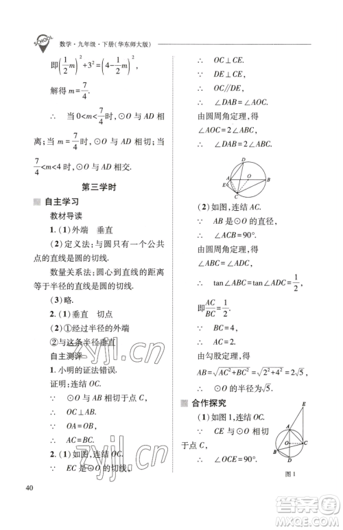 山西教育出版社2023新课程问题解决导学方案九年级下册数学华东师大版参考答案