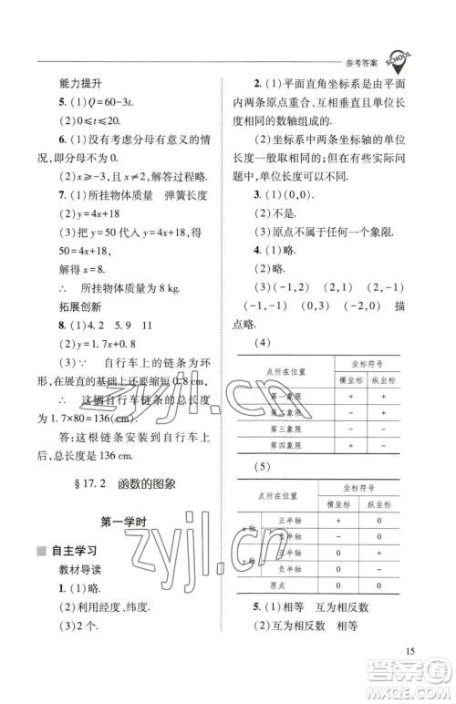 山西教育出版社2023新课程问题解决导学方案八年级下册数学华东师大版参考答案