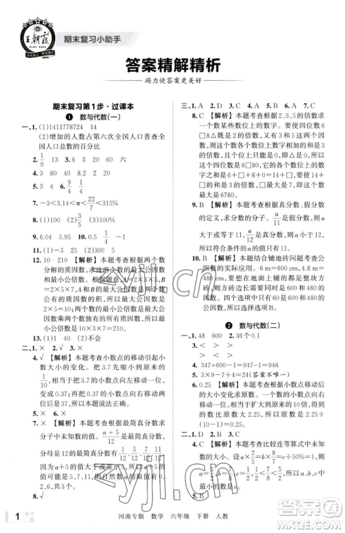 江西人民出版社2023王朝霞各地期末试卷精选六年级下册数学人教版河南专版参考答案