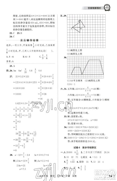 江西人民出版社2023王朝霞各地期末试卷精选六年级下册数学人教版河南专版参考答案