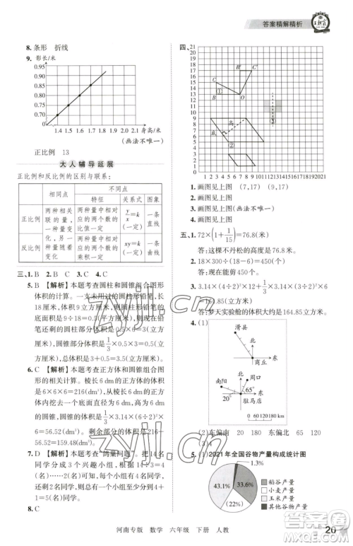 江西人民出版社2023王朝霞各地期末试卷精选六年级下册数学人教版河南专版参考答案