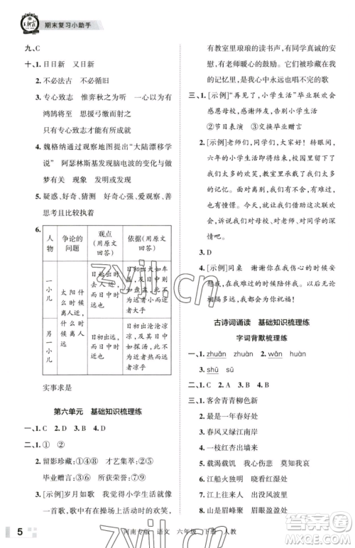 江西人民出版社2023王朝霞各地期末试卷精选六年级下册语文人教版河南专版参考答案