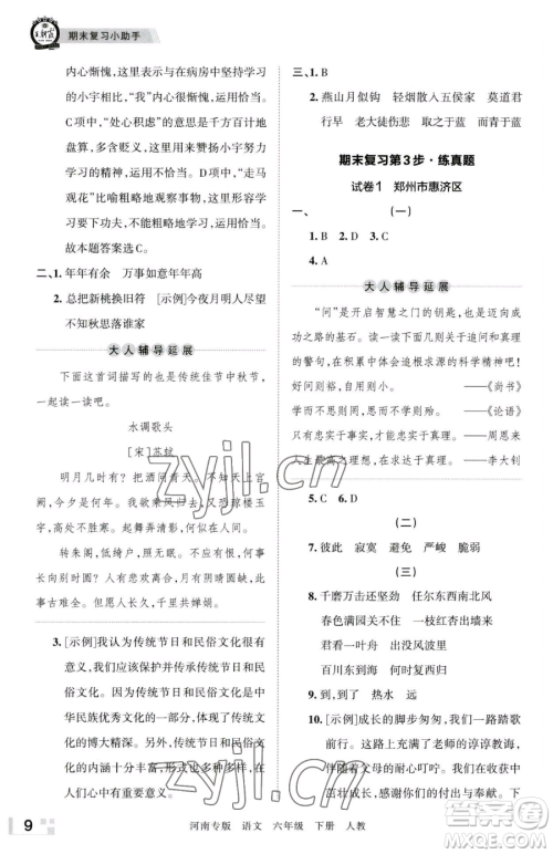 江西人民出版社2023王朝霞各地期末试卷精选六年级下册语文人教版河南专版参考答案