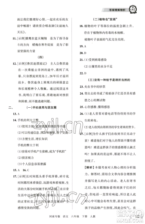 江西人民出版社2023王朝霞各地期末试卷精选六年级下册语文人教版河南专版参考答案