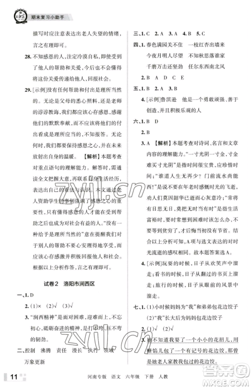 江西人民出版社2023王朝霞各地期末试卷精选六年级下册语文人教版河南专版参考答案