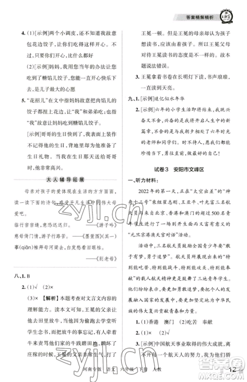 江西人民出版社2023王朝霞各地期末试卷精选六年级下册语文人教版河南专版参考答案