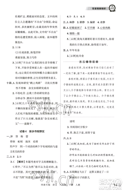 江西人民出版社2023王朝霞各地期末试卷精选六年级下册语文人教版河南专版参考答案