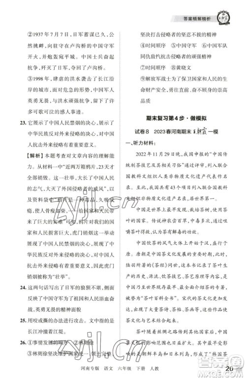 江西人民出版社2023王朝霞各地期末试卷精选六年级下册语文人教版河南专版参考答案