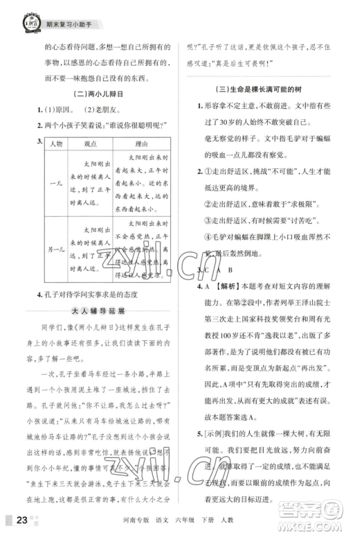 江西人民出版社2023王朝霞各地期末试卷精选六年级下册语文人教版河南专版参考答案