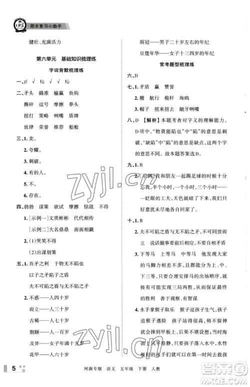 江西人民出版社2023王朝霞各地期末试卷精选五年级下册语文人教版河南专版参考答案