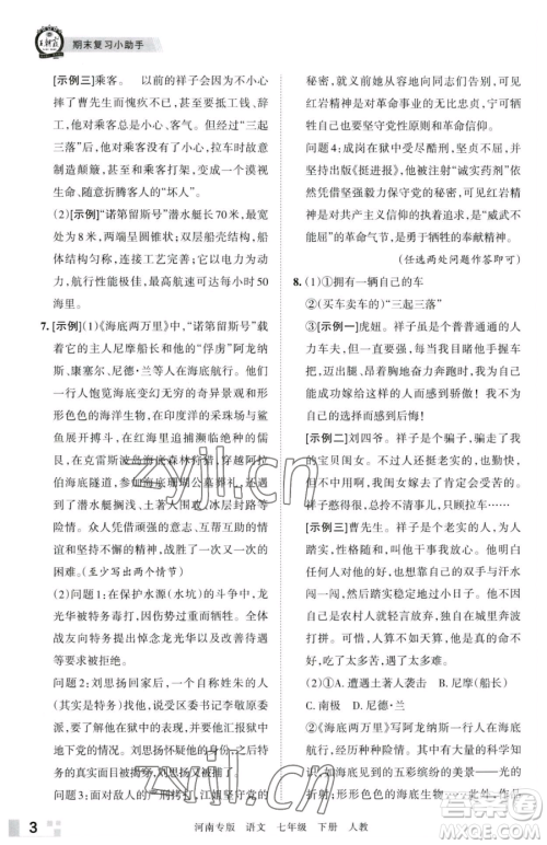 江西人民出版社2023王朝霞各地期末试卷精选七年级下册语文人教版河南专版参考答案