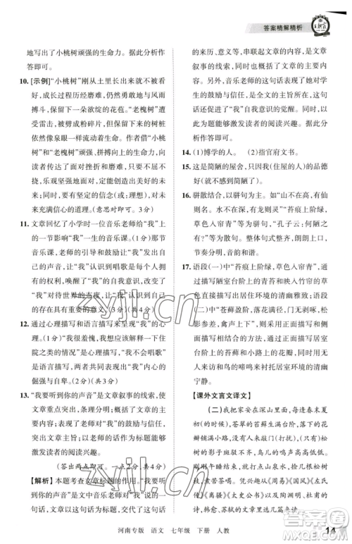 江西人民出版社2023王朝霞各地期末试卷精选七年级下册语文人教版河南专版参考答案