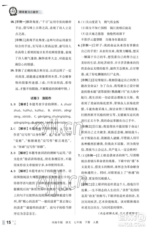 江西人民出版社2023王朝霞各地期末试卷精选七年级下册语文人教版河南专版参考答案