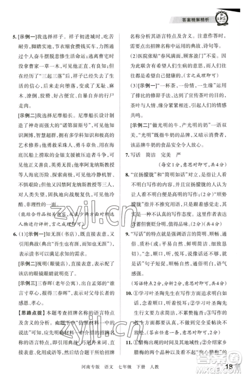 江西人民出版社2023王朝霞各地期末试卷精选七年级下册语文人教版河南专版参考答案