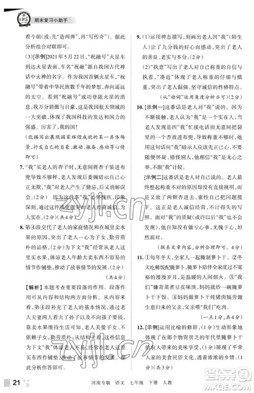 江西人民出版社2023王朝霞各地期末试卷精选七年级下册语文人教版河南专版参考答案