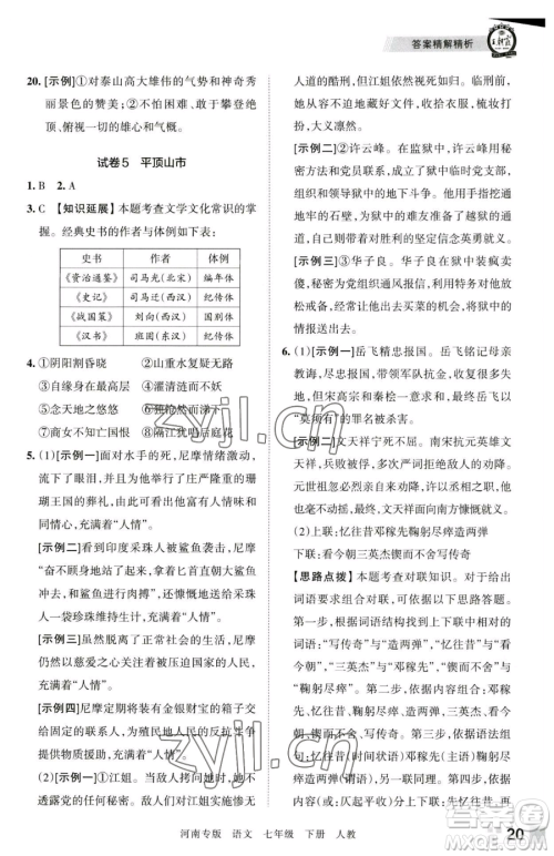 江西人民出版社2023王朝霞各地期末试卷精选七年级下册语文人教版河南专版参考答案