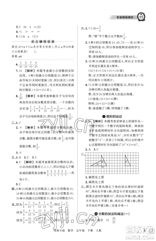 江西人民出版社2023王朝霞各地期末试卷精选五年级下册数学人教版河南专版参考答案