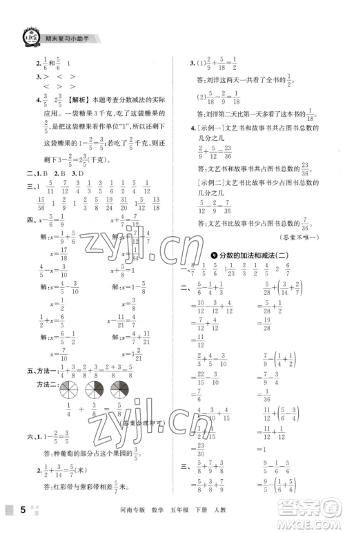 江西人民出版社2023王朝霞各地期末试卷精选五年级下册数学人教版河南专版参考答案