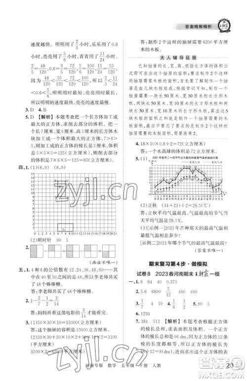 江西人民出版社2023王朝霞各地期末试卷精选五年级下册数学人教版河南专版参考答案